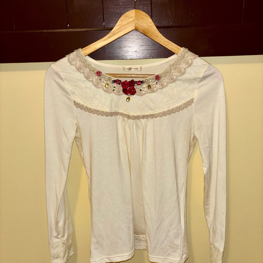 Axes Femme Lace Rose Embroidered Top – Coquette Mori Girl Blouse